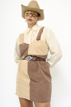 Vestido recortes bege marrom vintage