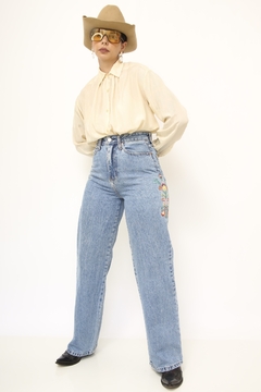 Calça jeans bordado cintura alta - loja online