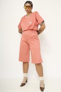 Conjunto salmão folha bordado Camiseta com bermuda