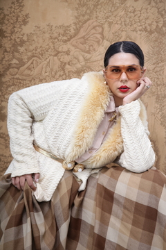 Cardigan tricot gola pele vintage