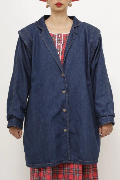 Maxi jaqueta jeans 80 forro xadrez - Capichó Brechó
