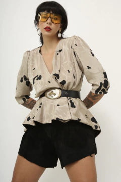 Terninho acetinado bege estampa vintage 80 ombreira - comprar online