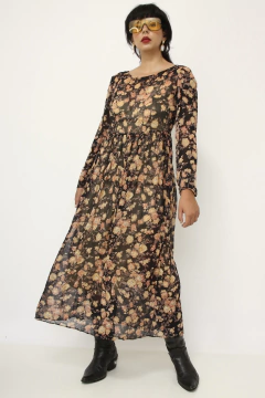 Vestido floral longo estampado preto marrom