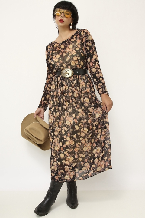 Vestido floral longo estampado preto marrom