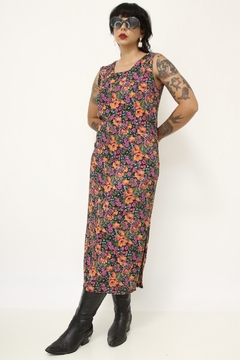 Vestido viscose flores roxa fundo preto midi - loja online