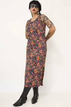 Imagem do Vestido viscose flores roxa fundo preto midi