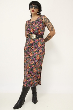 Vestido viscose flores roxa fundo preto midi - comprar online