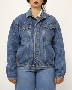 Imagem do Jaqueta jeans classica forro xadrez vermelho