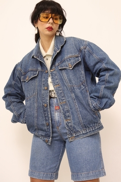 Jaqueta jeans classica forro xadrez vermelho - Capichó Brechó