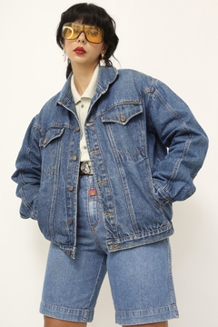 Jaqueta jeans classica forro xadrez vermelho
