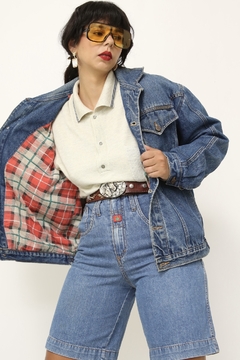 Imagem do Jaqueta jeans classica forro xadrez vermelho