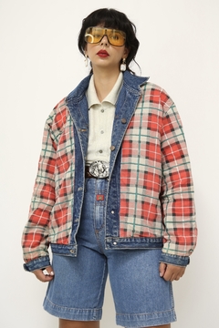 Jaqueta jeans classica forro xadrez vermelho - loja online