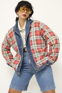 Jaqueta jeans classica forro xadrez vermelho