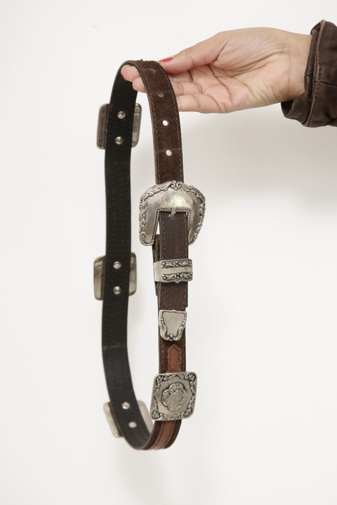 Cinto couro marrom fivelas western boho ponteira