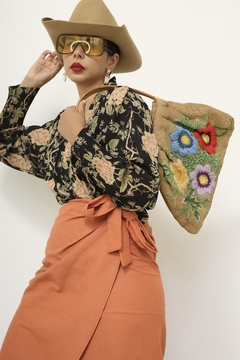 Bolsa palha vintage bordada mão
