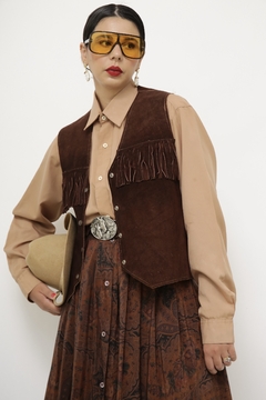 Colete franja marrom couro 70´s