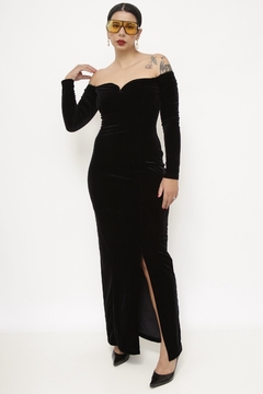 Vestido veludo longo decote coração vintage chic