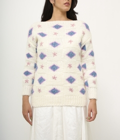 Tricot creme com flores colorida - Capichó Brechó