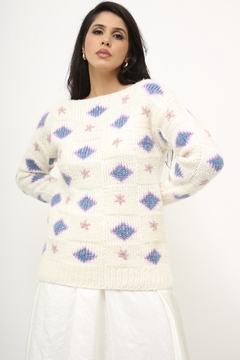 Tricot creme com flores colorida