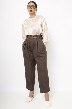 Calça lã cintura alta marrom xadrez
