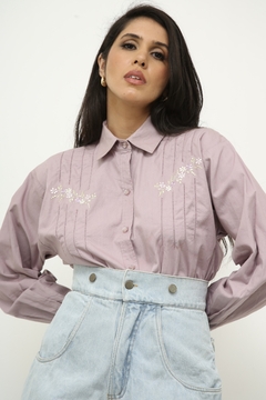 Camisa linho lilas bordada - comprar online