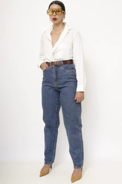 Calça jeans azul classica cintura alta