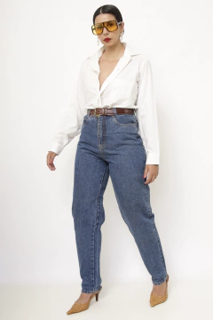 Calça jeans azul classica cintura alta