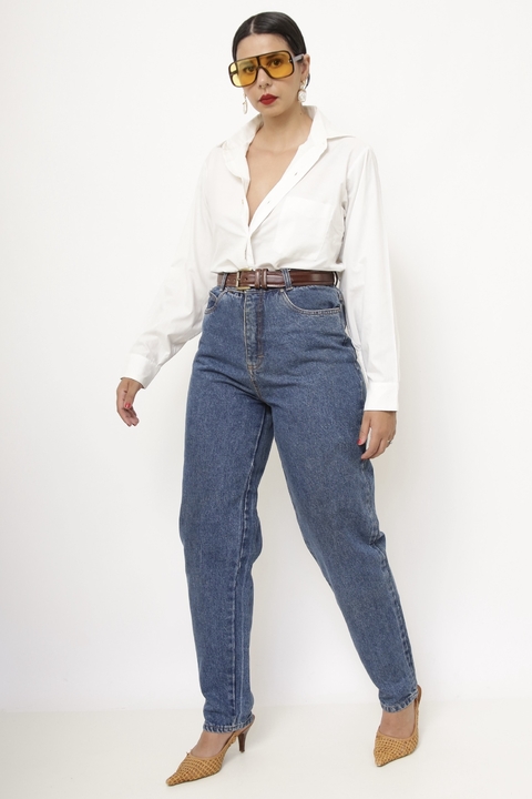 Calça jeans azul classica cintura alta