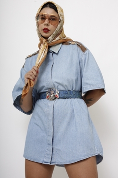 Camisa jeans recorte em couro vintage - loja online