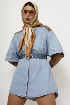 Camisa jeans recorte em couro vintage - comprar online
