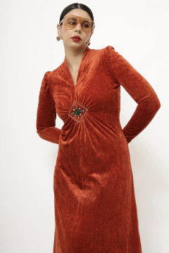 Vestido veludo longo bordado frente - comprar online