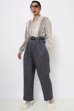 Calça cinza 100% linho cintura alta - loja online