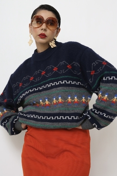 Pulover bonecos azul vintage - Capichó Brechó
