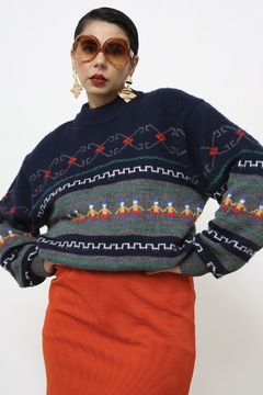 Pulover bonecos azul vintage