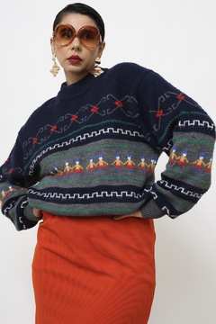 Pulover bonecos azul vintage