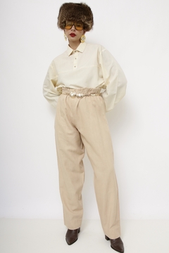 Calça bege rustica cintura alta elastico - comprar online