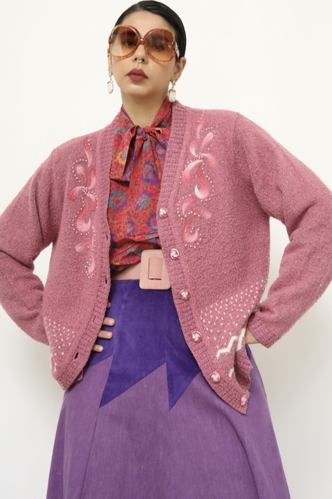 Cardigan rosa bordado vintage