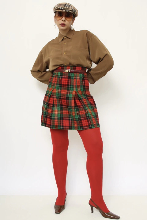 Mini saia vermelha lã cintura super alta