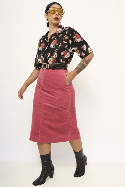 Saia veludo cotele rosa midi