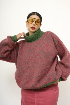 Pulover tricot grosso rosa e verde