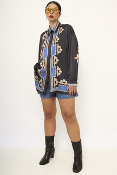 Camisa azul 100% seda estampada