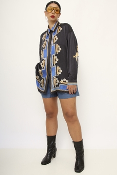 Camisa azul 100% seda estampada - comprar online