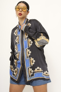 Camisa azul 100% seda estampada - loja online