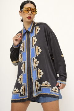 Camisa azul 100% seda estampada