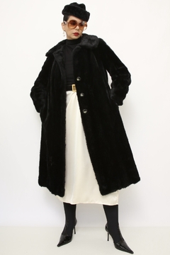 Casaco preto pelo longo vintage sintetico