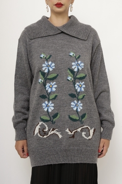 Pulover cinza flores vintage - comprar online