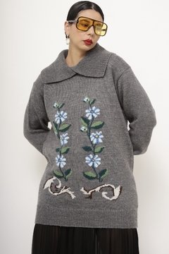 Pulover cinza flores vintage
