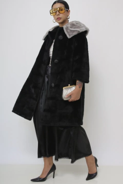 Casaco pelúcia preto gola cinza vintage - comprar online