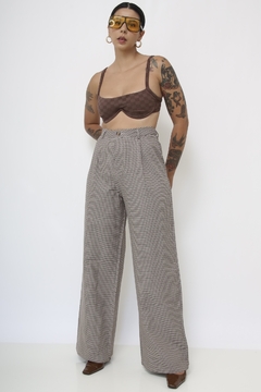 Calça cintura alta vintage xadrez flare na internet