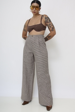 Calça cintura alta vintage xadrez flare